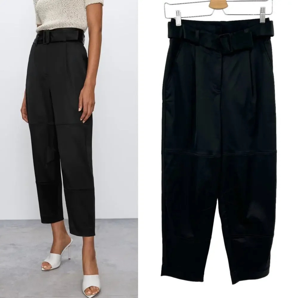 Aritzia Babaton Belted Pleat‎ Pant Trouser Cropped Stretch Satin Black Size 2